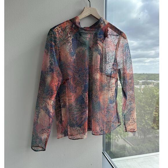 Eloquii Tops - Eloquii Multicolor Sheer Mesh Mock Neck Ruffle Abstract Top Long Sleeve 16